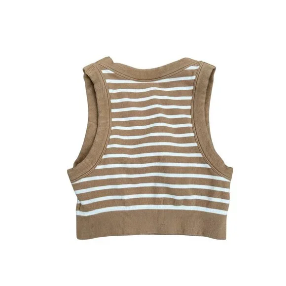 Striped Ribbed Seamless Cropped Tank Top XS By Offline Brown & White Stretch Cot - Picture 2 of 5
